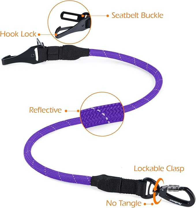 PetBonus Dog Seat Belt for Car, Durable Rope Dog Car Harness Seatbelt for Vehicle, Pet Tether Safety Restraint with Heavy Duty Buckle Hook Latch Lockable Clip for Small Medium Large Breeds (Purple)