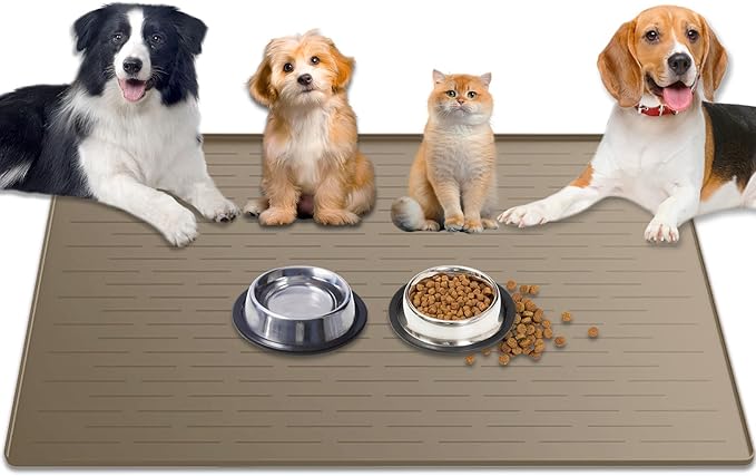 1.5MM Super Thick Dog Food Mat, 48"x32" Silicone Dog and Cat Mats for Food and Water Bowls, Waterproof Pet Feeding Mat for Contain Spills Protects Floors, Multiple Colors & Sizes for Pets, Brown