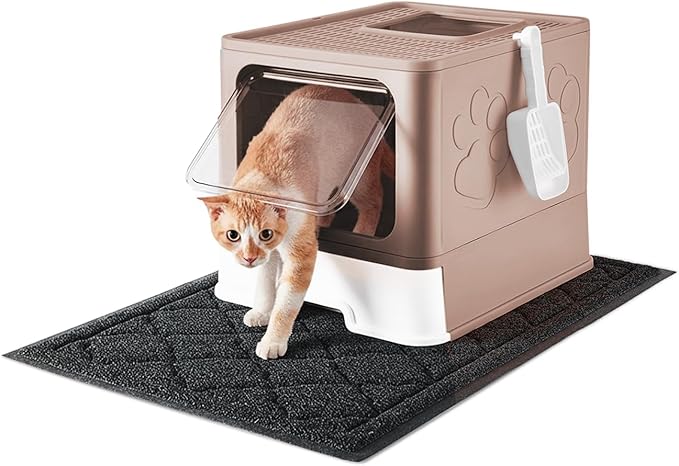 Cat Litter Box with X-Large Litter Mat and Scoop, Large Foldable Litter Box with Lid, Enclosed Kitty Box,Front Top Entry Exit, Odor Control Easy to Clean (Upgrade Coffee)