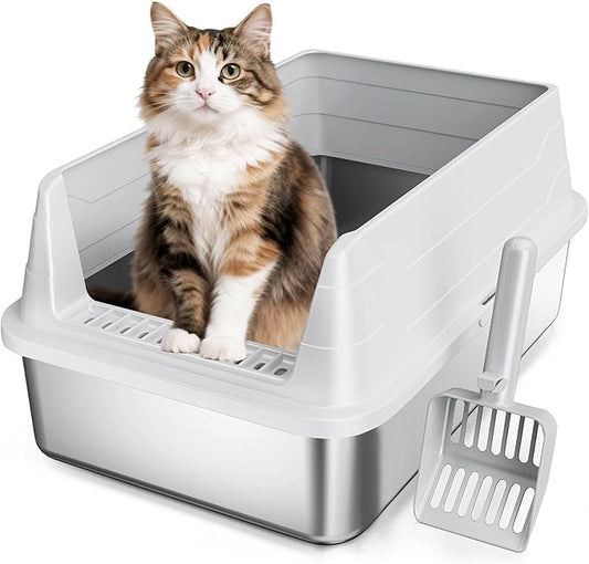Stainless Steel Cat Litter Box, Odor Free Metal Litter Box with High Sides Lid, Open Top Low Entry Litter Pan Include Scoop Easy Cleaning Anti-Scratch Kitty Cat Box Anti-Urine Leakage, Non-Sticky