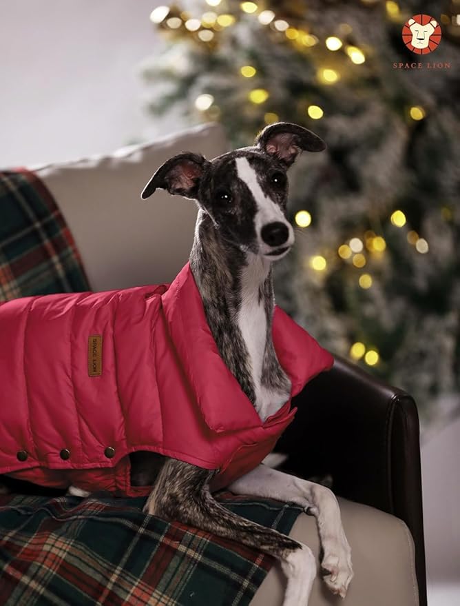 SPACE LION Dog Puffer Jacket, Down Winter Coat, Durable Outdoor Coat for Cold and Windy Conditions, Lightweight & Adjustable Fit Coats for Large Dogs, (Red, Size24/2XL)