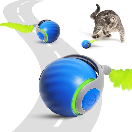 Interactive Cat Toy 2.0, Automatic Moving Cat Toys for Indoor Cats, Electric Rolling Pet Ball with Tail, Two Speed Adjustment, Pet Game Toy (Blue)