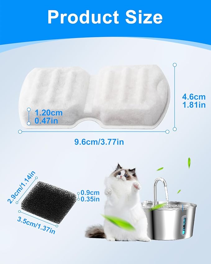 12+12 Pack Water Filter for Cat Fountain Compatible with 2.2L, 2.6L Stainless Steel Cat Fountains - Activated Carbon + Ultra-fine Fiber for Clean Pet Drinking