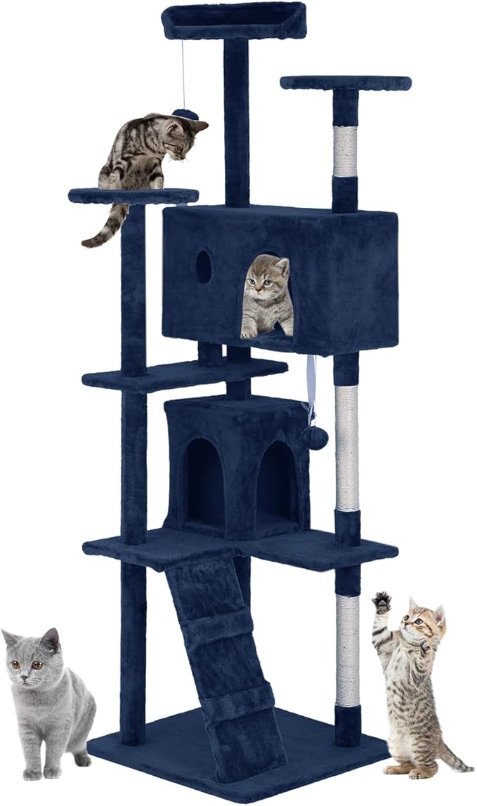 PayLessHere 70in Multi-Level Cat Tower with Scratching Post, Cat Condo Stand House Furniture Kitty Activity Center, Navy Blue