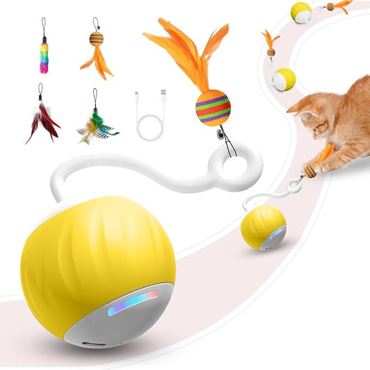 Interactive Cat Toys Ball - Electric Automatic Toys for Indoor Cats, LED Lights and Toys Feather Tail with Sound Activated and Touch, USB Rechargeable, 2peeds Mode for Bored Kittens/Adult Cats