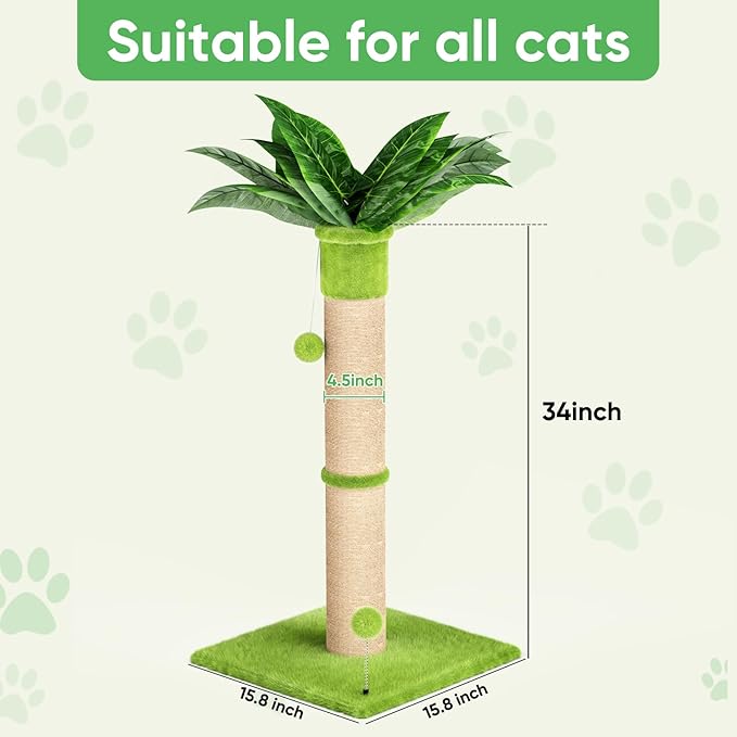 XiaZ Cat Scratching Post 34'' Tall, Cat Tower Scratcher Extra Wide 15.8" Stable Base with 4 Non-Slip Pads, 2 Toy Balls, Natural Sisal & Plush Fabric for Small Medium Large Cats (Green, 4.5in)