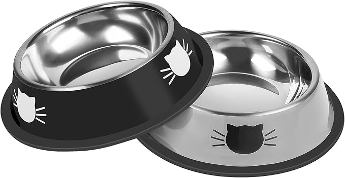 2 Pcs Non-Slip Stainless Steel Small Cat Food Bowls - Unbreakable, Thicken 13 Oz Cat Dishes - Indoor, Removable Rubber Base, Easily Clean, Lovely Color