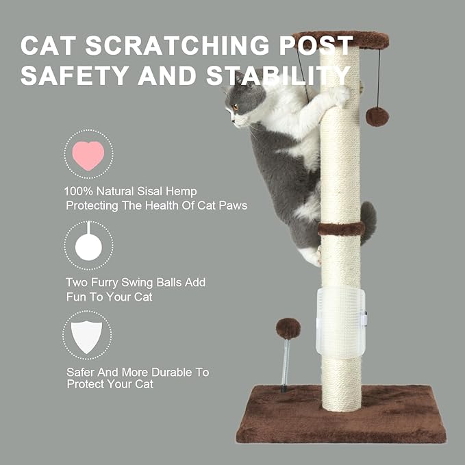 PEEKAB 32" Tall Cat Scratching Post Sisal Rope Scratch Posts with Hanging Ball and Self-Massage Brush Vertical Scratcher for Indoor Cats and Kittens Brown 32inches