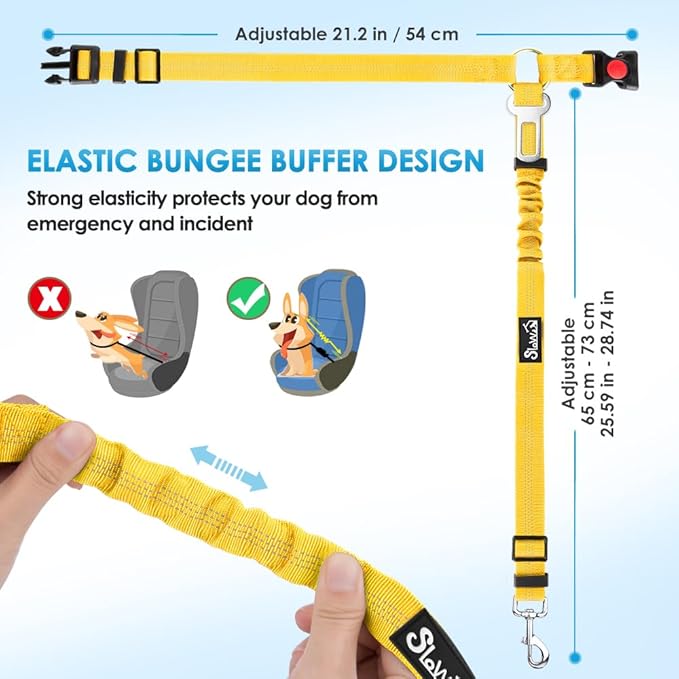 SlowTon Dog Seat Belt for Car, 2 Pack Dog Car Harness Seatbelt Adjustable with Elastic Bungee Buffer, 2 in 1 Pet Car Leash Headrest Restraint Dog Reflective Safety Tether (Yellow, Headrest+Clip)