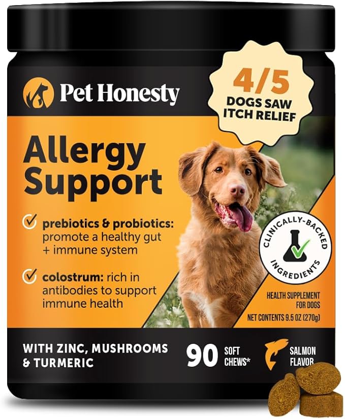 Pet Honesty Dog Allergy & Itch Relief - Advanced Itch Supplement with Probiotics for Dogs - Immune Support & Skin Relief for Seasonal Allergies - Natural Itchy Skin & Paw Relief - (Salmon, 90 Ct)