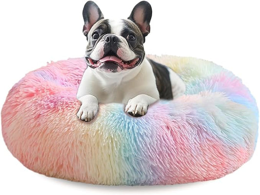 JOLLYVOGUE Calming Dog Bed Large Size Dog, Anti-Anxiety Donut Large Pet Bed, 36 inches Fluffy Faux Fur Round Cat Bed, Fits up to 75 lbs Pets (Rainbow)