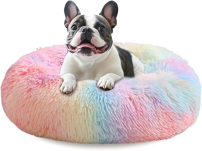 JOLLYVOGUE Calming Dog Bed Medium Size Dog, Anti-Anxiety Donut Medium Pet Bed, 27 inches Fluffy Faux Fur Round Cat Bed (Rainbow)