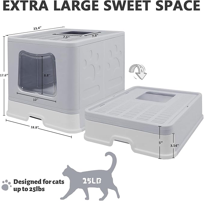 XL Foldable Cat Litter Box with Lid - Jumbo Enclosed Potty - Top Entry Anti-Splashing Toilet - Includes Scoop & 2-in-1 Cleaning Brush (Grey)