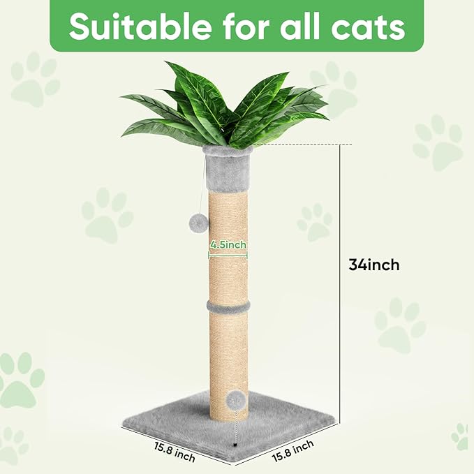XiaZ Cat Scratching Post 34 Inches Tall, Cat Tower Scratcher Extra Wide 15.8" Stable Base with 2 Interactive Toy Balls, Premium Natural Sisal Pad for Small, Medium Large Cats (Light Gray, 4.5in)