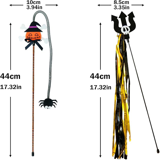 Halloween Cat Teaser Wand, 2 Pack Interactive Cat Wands Toys with Pumpkin Witch Spider and Trident Skull Tassels, Fun Exerciser for Kittens and Cats