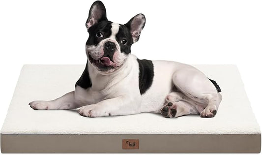 Plush Orthopedic Dog Bed for Medium Dogs & Puppies, Waterproof Dog Beds 30x20 Inch with Removable Washable Cover, Egg Crate Foam Flat Pet Mat, Khaki White