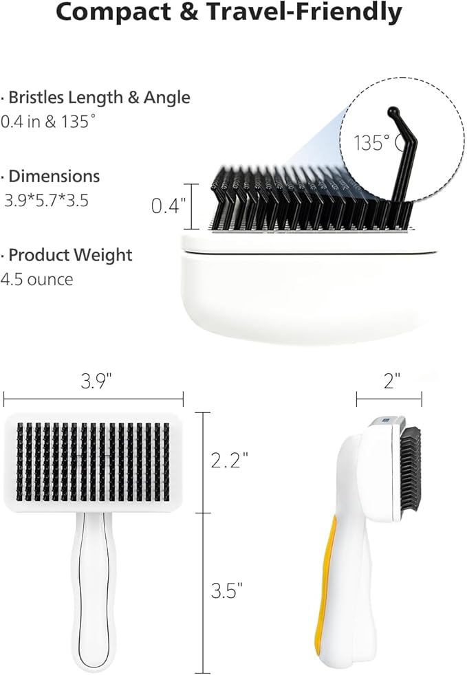 PETHROOM] Pet Healing Slicker Brush with One-Touch Clean Button | Gentle Grooming Brush for Dogs & Cats | Removes Shedding, Mats & Tangles with Coated Tips, White & Yellow