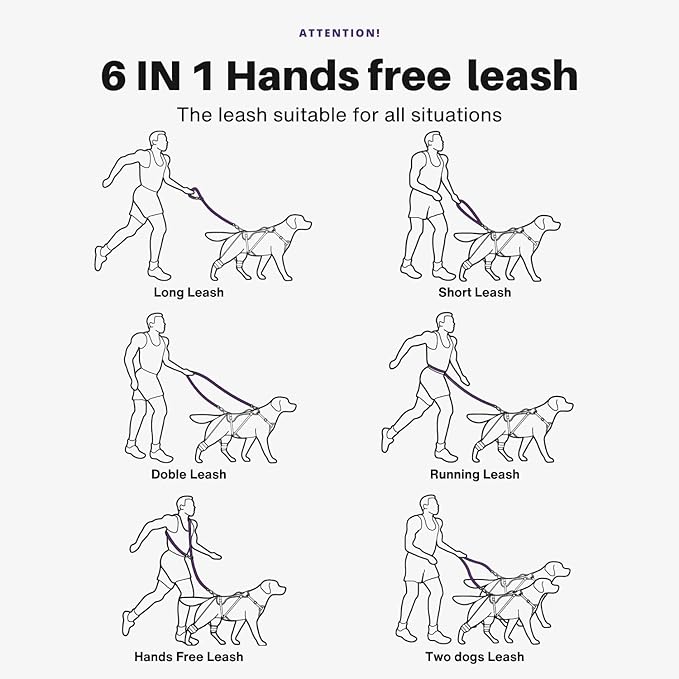 Heavy-Duty Tactical Dog Leash for Medium & Large Dogs, 6-in-1 Hands-Free Leash for Training, 4-7.5FT Waist Leash for Dog Walking (Midnight Purple)