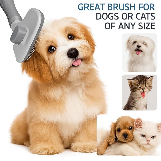 Generic Pet Grooming Brush, Gray - Self Cleaning Dematting Comb for Cats and Dogs, Bristles with Massage Particles, Ergonomic Handle Design, Easy to Use, for Long or Short Hair Breeds, Stainless Steel