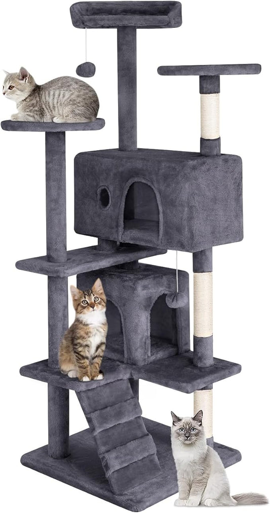 PayLessHere Cat Tree 54in Cat Tower with Cat Scratching Post,Multi-Level Cat Condo Stand House Furniture Kitty Activity Center with Furry Ball Toys Cat Tree for Indoor Cats (54in, Ashy)