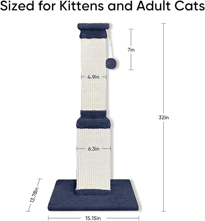 AGYM 32 Inch Tall Cat Scratching Post for Large Cats, Cat Scratcher for Indoor Cats Adults, Sturdy Sisal Scratch Post to Protect Furniture, Blue