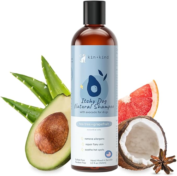 kin+kind Organic Dog Shampoo Itchy Skin Relief – Natural Dog Shampoo for Dry, Sensitive Skin – Moisturizing Formula with Coconut Oil, Olive Oil & Tea Tree – Grooming Supplies – Made in USA (12 fl oz)