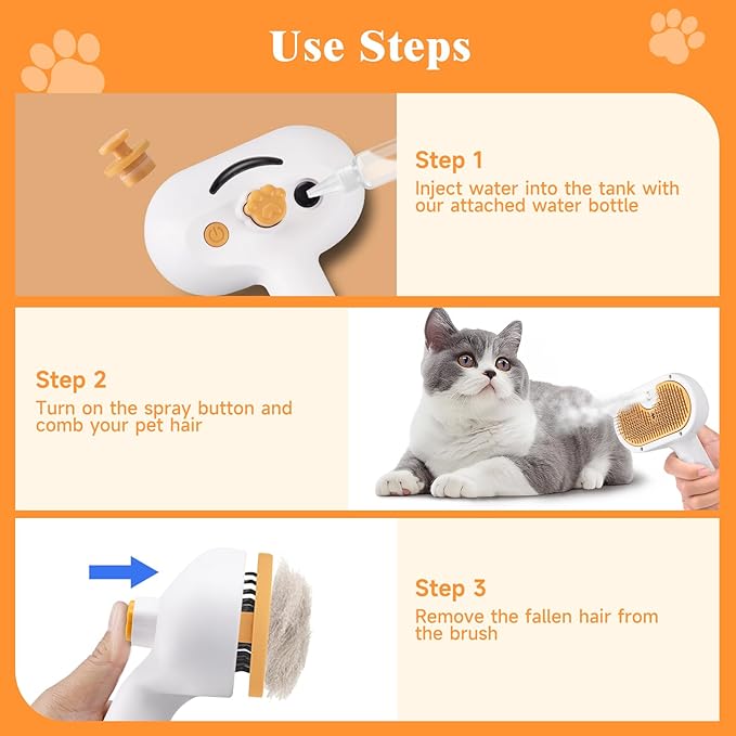 Pet Steam Brush for Dog & Cat – 3-in-1 Spray Hair Removal Comb for Shedding & Grooming, Softens Fur & Reduces Static – Water Brush for Long & Short Coats, Bath-Hating Pets, Includes Waterless Shampoo