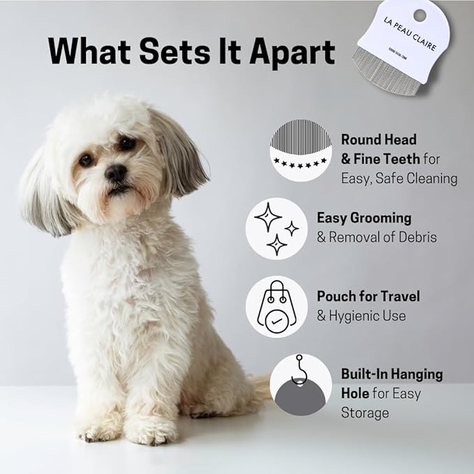 Professional Dog Eye Comb and Cat | Tear Stain Remover for Pets | Round Fine-Tooth Grooming Brush for Gentle Facial Cleansing | Easy Eye Gunk Remover | Includes Bag