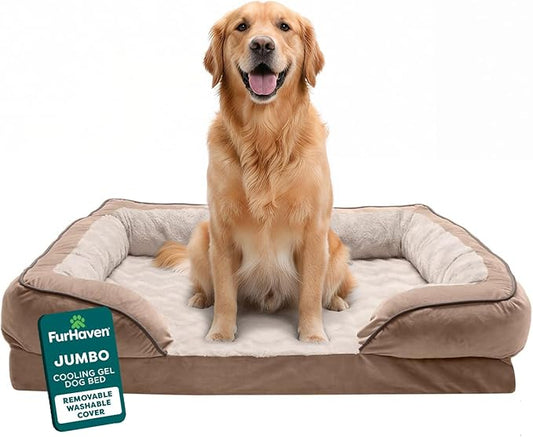 FurHaven Cooling Gel Dog Bed for Large Dogs, Perfect Comfort Sofa Bed, Cool Gel-Top Foam & Solid Orthopedic Foam Base for Joint Support, Removable Washable Cover, Jumbo/XL, Plush & Velvet, Brownstone