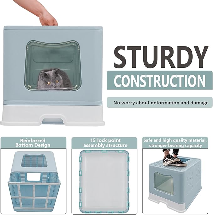 XL Foldable Cat Litter Box with Lid - Jumbo Enclosed Potty - Top Entry Anti-Splashing Toilet - Includes Scoop & 2-in-1 Cleaning Brush (Blue