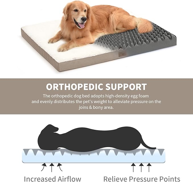 Plush Orthopedic Dog Bed for Medium Dogs & Puppies, Waterproof Dog Beds 30x20 Inch with Removable Washable Cover, Egg Crate Foam Flat Pet Mat, Khaki White