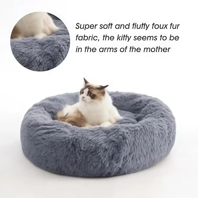 SALAN Calming Donut Pet Bed, 16 Inch Round Plush Cushion for Small Dogs and Cats, Washable Fluffy Indoor Pet Bed with Anxiety Relief Support. (Gray)