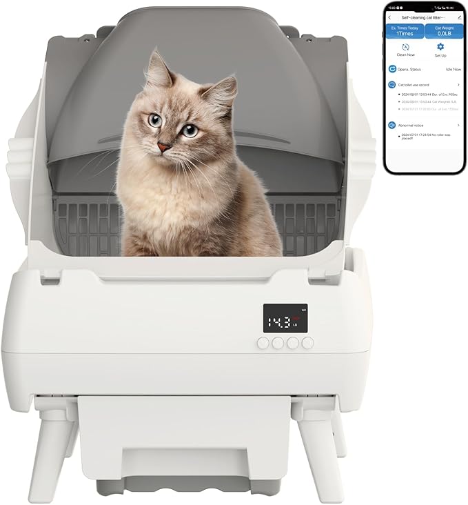 Automatic Cat Litter Box Self Cleaning - App Control, Open-Design, Smart Health Monitor, Suitable for Medium Cats and Kittens, Anti-Pinch Safety, Quiet Operation, A Trusted Companion for Life - White
