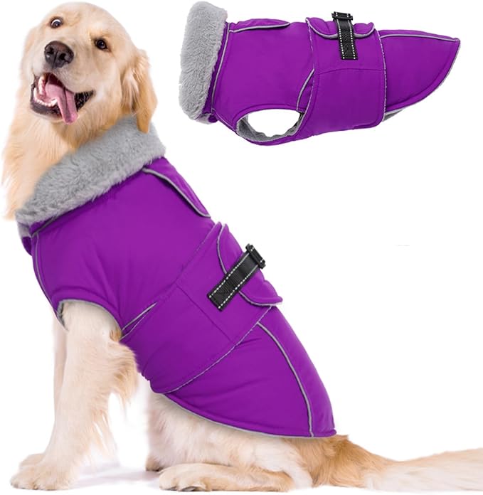 Lelepet Warm Dog Winter Coats for Extra Large Dogs Waterproof Dog Jacket Reflective Pet Fleece Vest Windproof Cold Weather Coats with Adjustable Buckle & Leash Hole, Purple, XXXL