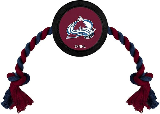 Pets First Dog Rubber Toy with Heavy-Duty Rope Tug, NHL Colorado Avalanche Puck Toy for Dogs & Cats - Play Hockey with Your Pet!