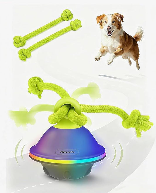 Smart Interactive Dog Toys, Automatic Moving and Rolling Dogs Ball with Rope, Motion-Activated Squeaky Ball for Small Medium Dogs for Boredom, RGB Lights, stimulating Sound, Voice Recording