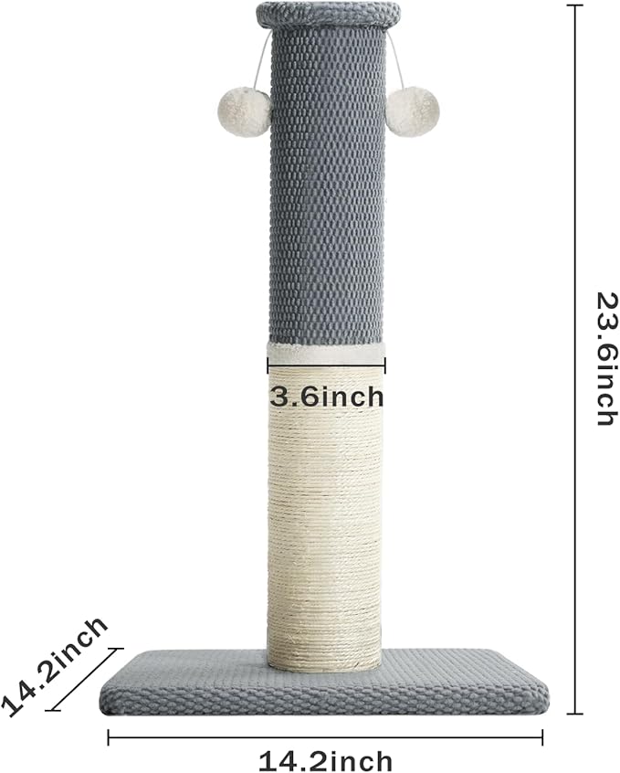 Made4Pets Tall Cat Scratching Post, Heavy Duty and Thicker Scratching Posts for Indoor Cats Adults, 23.6" Natural Sisal Cat Scratcher with Hanging Balls, Sturdy Base Cat Scratch Post, Light Grey