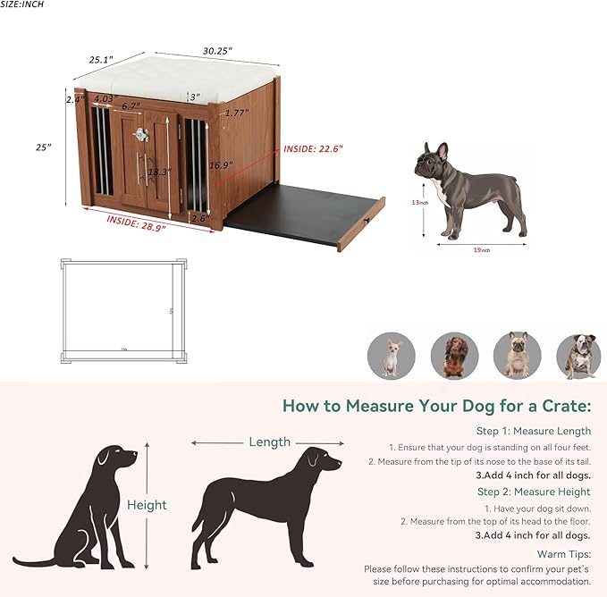 Dog Crate Furniture with Padded Seat, End of Bed Bench Ottoman with Cushion, Indoor Wooden Dog Kennel with Removable Base for Bedroom, Living Room, Walnut
