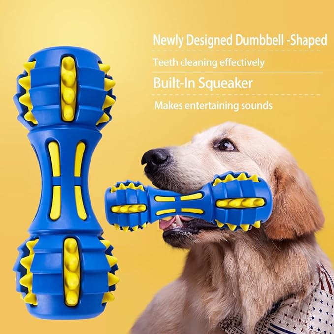AUSCAT Dog Teething Toys, Durable Squeaky Dog Chew Toys, Natural Rubber Chew Toys for Dogs, Dumbbell Shape, Blue