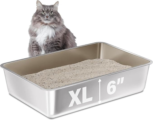 Stainless Steel Litter Box, 23.6“x15.7"x6" Deep Stainless Steel Cat Litter Box Extra Large, XL Metal Litterbox for Big Cats with High Sides, Non Stick Surface, Easy to Clean