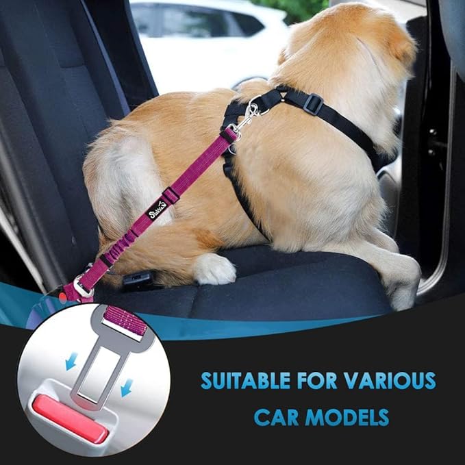 SlowTon Dog Seat Belt, 2 Pack Harness Seatbelt Adjustable With Elastic Bungee Buffer, 2 in 1 Pet Car Leash Headrest Restraint Reflective Safety Tether (Fushia, Dual Restraint)