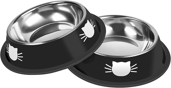 2 Pcs Non-Slip Stainless Steel Small Cat Food Bowls - Unbreakable, Thicken 13 Oz Cat Dishes - Indoor, Removable Rubber Base, Easily Clean, Lovely Color