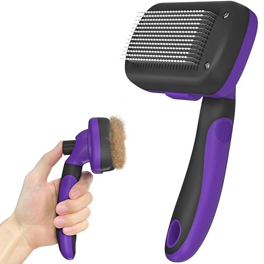 Self Cleaning Cat & Dog Grooming Brush - Skin Friendly Deshedding Hair Brush for Haired Dogs & Puppies, Purple