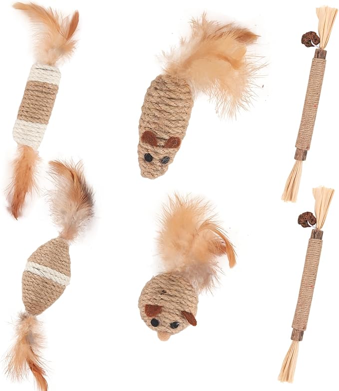 6 Pcs Cat Toy Set - Sisal Rope Mouse Toys with Feather & Rattle + Silvervine Chew Stick, Interactive Hunting & Dental Care Mice Toys for Indoor Kittens & Adult Cats