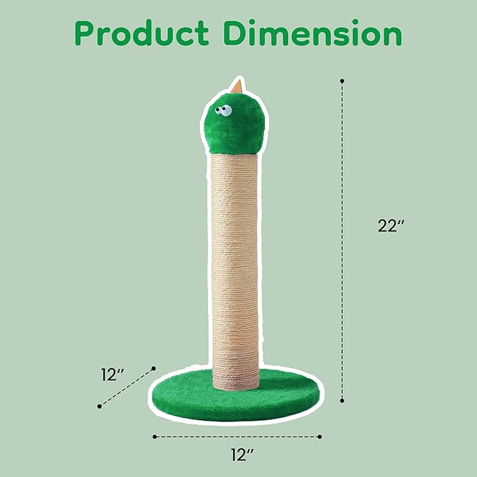 Indoor Cat Scratching Post: 22 in Tall Cat Scratcher with Natural Sisal Rope, Cute Monster Design Kitty Pet Tower with Sturdy Wood Base, Great Gift for Small and Large Kittens, Green
