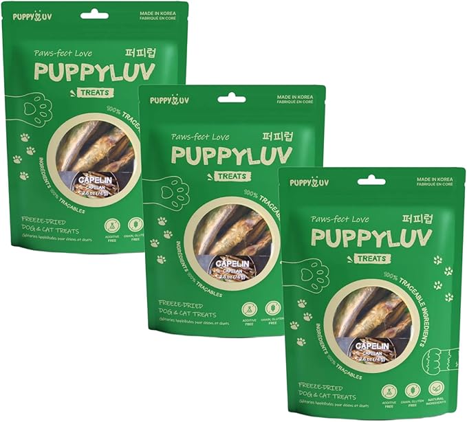 Puppyluv Capelin Treats for Dogs & Cats – Freeze-Dried Whole Fish, High Protein, Omega 3/6/9, Healthy Skin & Coat, Grain-Free, Natural Training Treats, 2.6oz x 3p