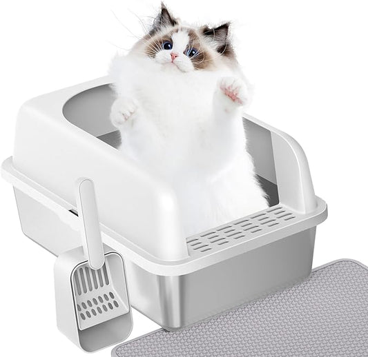 Prodigen Stainless Steel Cat Litter Box with Lid High Wall Sides Enclosure, Non-Sticky, Anti-Leakage, Easy Cleaning, with Cat Mat & Metal Scoop, 19.6" L x 14" W x 12" H