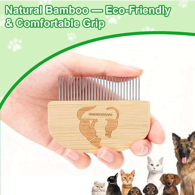 Pet Grooming Combs for Dogs Cats, 2 Pack Bamboo Combs with Wide Fine Teeth for Shedding, Detangling, Flea Removal and Daily Care