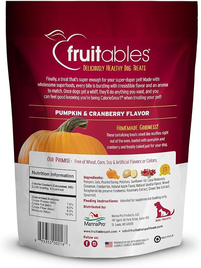 Fruitables Baked Dog Treats, Healthy Pumpkin Snacks for Dogs, Low Calorie & Delicious, No Wheat, Corn or Soy, Puppy Training Treats, Made in the USA, Pumpkin and Cranberry Flavor, 7oz