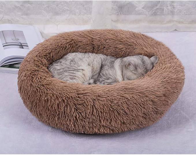 BODISEINT Faux Fur Dog Bed Cat Bed,Shag Round Anti-Anxiety Pet Calming Bed Doughnut Cuddler for Medium Large Puppy Dog Cat Kennel Cushion Self Warming Bed (28'' D x 8'' H, Coffee)